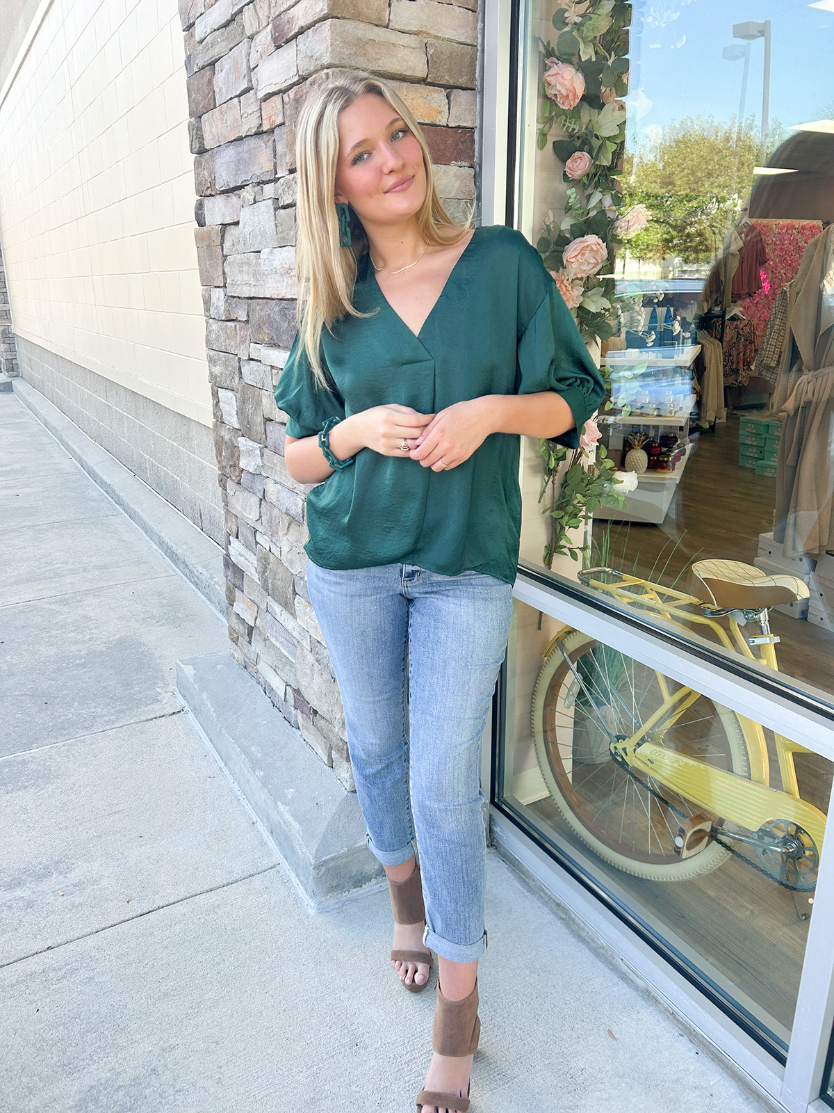 Naturally Radiant V-Neck Top-Green | Styled View