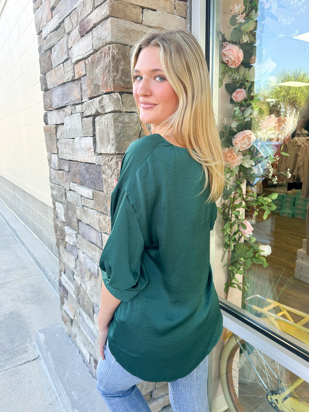 Naturally Radiant V-Neck Top-Green | Back View