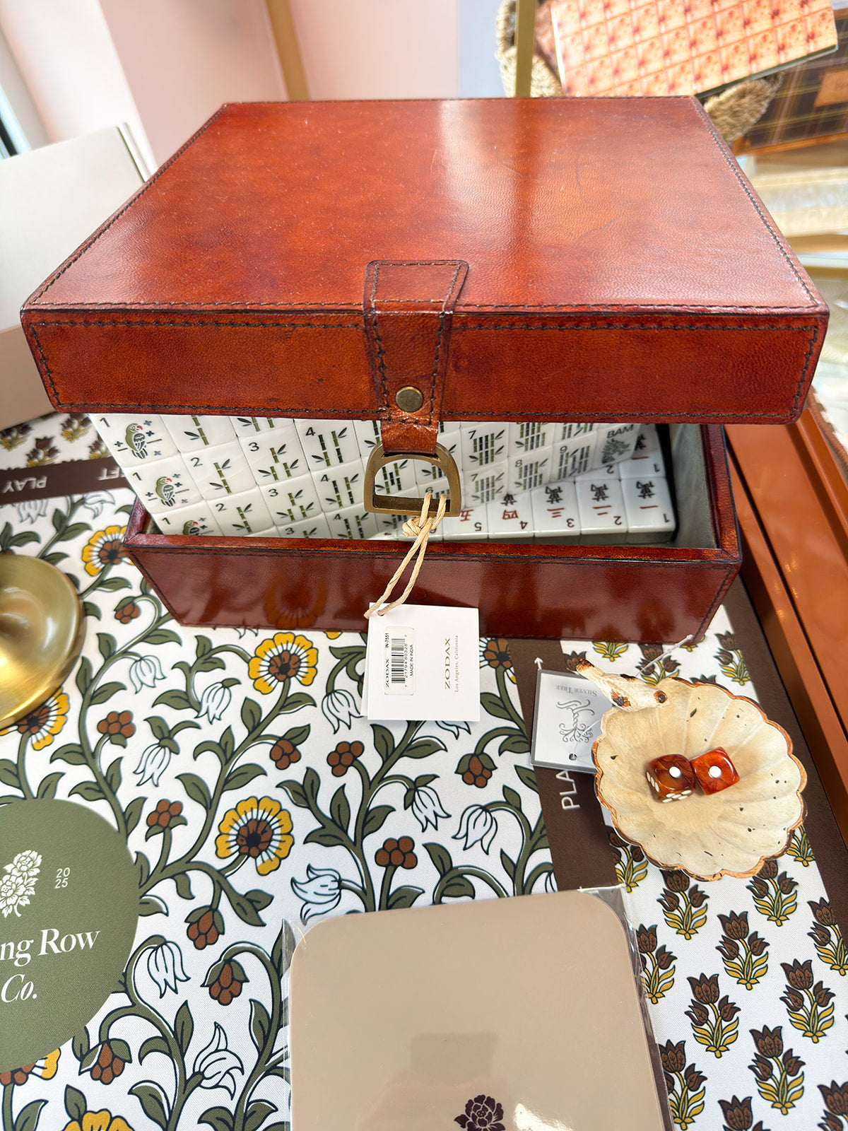 Chestnut Leather Storage Box in brown premium leather with a square design for Mahjong tiles and everyday essentials