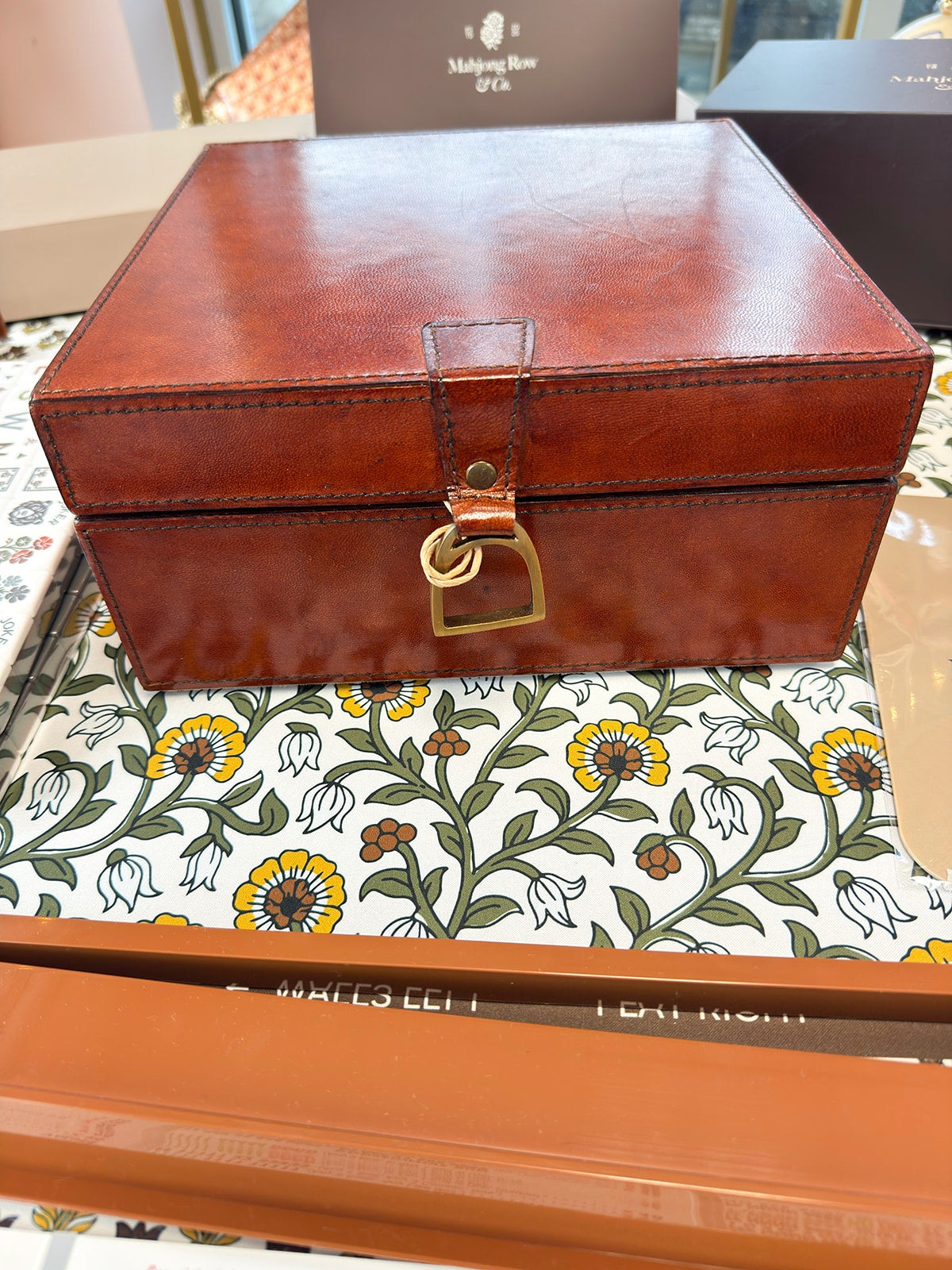 Chestnut Leather Storage Box in brown premium leather with a square design for Mahjong tiles and everyday essentials