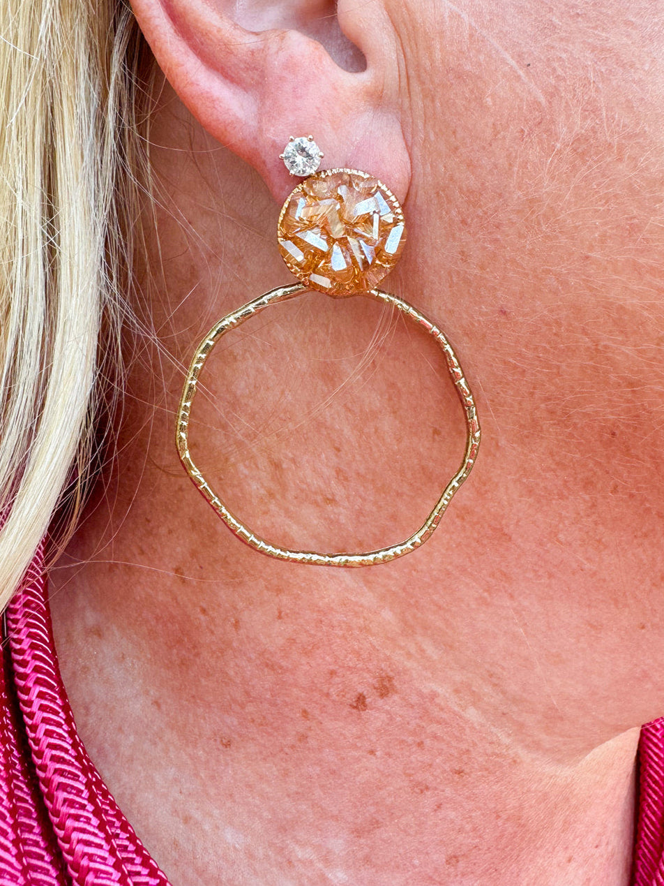 Tan glass and hammered gold hoop earrings