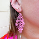 Pink flower filigree dangling earrings