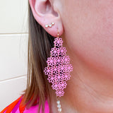 Pink flower filigree dangling earrings