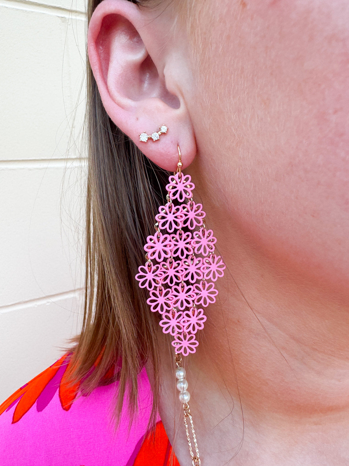 Pink flower filigree dangling earrings