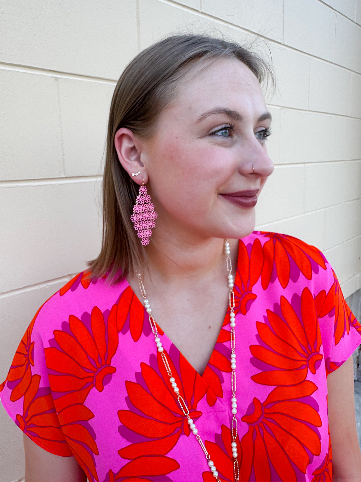 Pink flower filigree dangling earrings