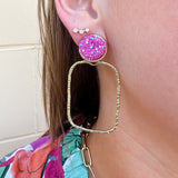 Hot pink glitter and hammered gold rectangular hoop earrings for stylish statement looks