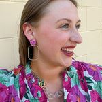 Hot pink glitter and hammered gold rectangular hoop earrings for stylish statement looks