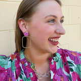 Hot pink glitter and hammered gold rectangular hoop earrings for stylish statement looks