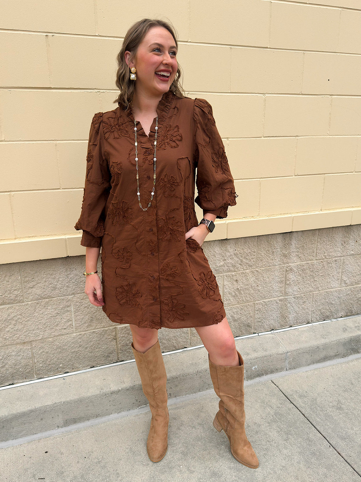 Brown Mini Dress with 3D Florals