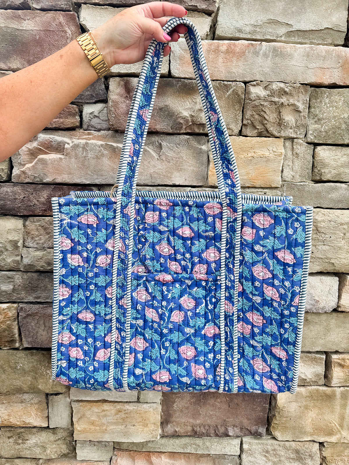 Pink Carnations Navy Blue Quilted Tote Bag with Travel Pouch striped interior