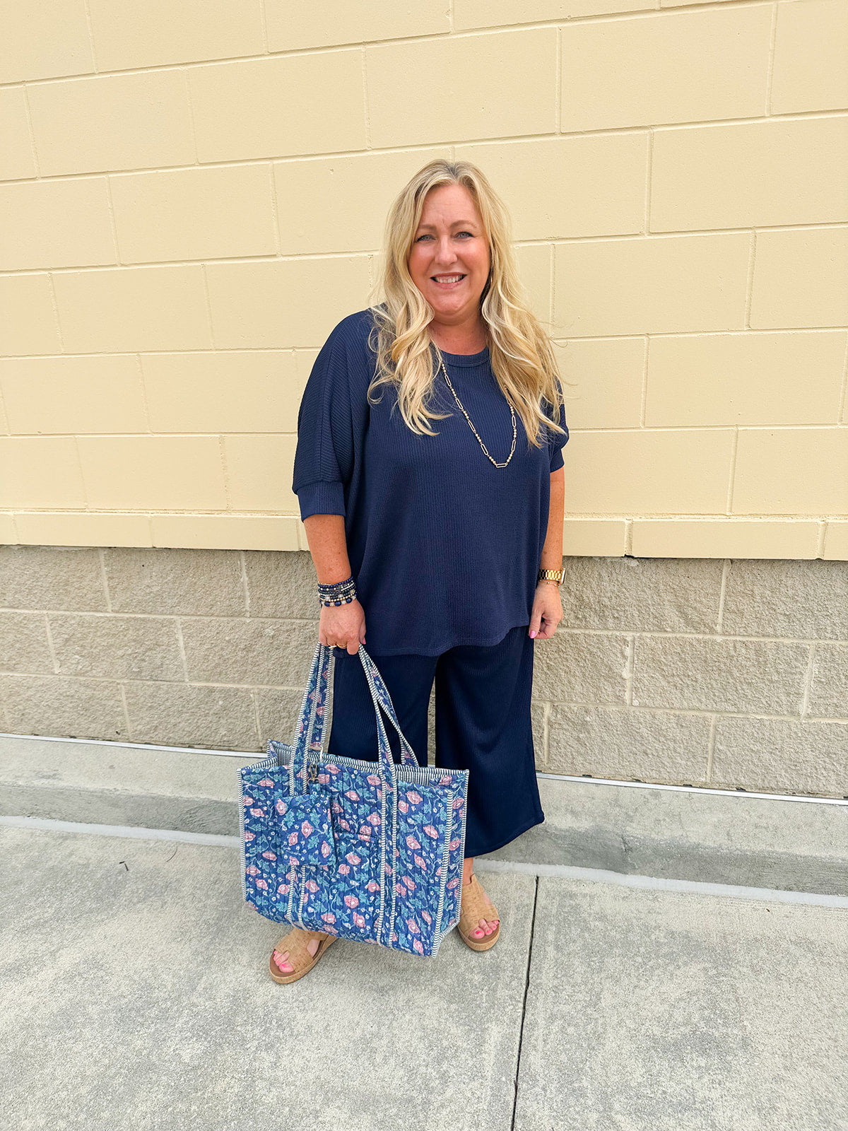 Pink Carnations Navy Blue Quilted Tote Bag with Travel Pouch striped interior