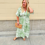 Sunkissed Moment Green and White Pleated Vneck Midi Dress Elastic Waist 