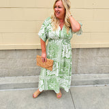 Sunkissed Moment Green and White Pleated Vneck Midi Dress Elastic Waist 