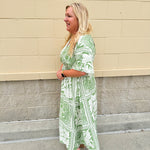 Sunkissed Moment Green and White Pleated Vneck Midi Dress Elastic Waist 