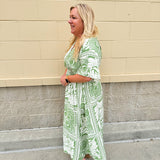 Sunkissed Moment Green and White Pleated Vneck Midi Dress Elastic Waist 
