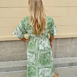 Sunkissed Moment Green and White Pleated Vneck Midi Dress Elastic Waist 