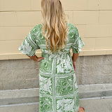 Sunkissed Moment Green and White Pleated Vneck Midi Dress Elastic Waist 