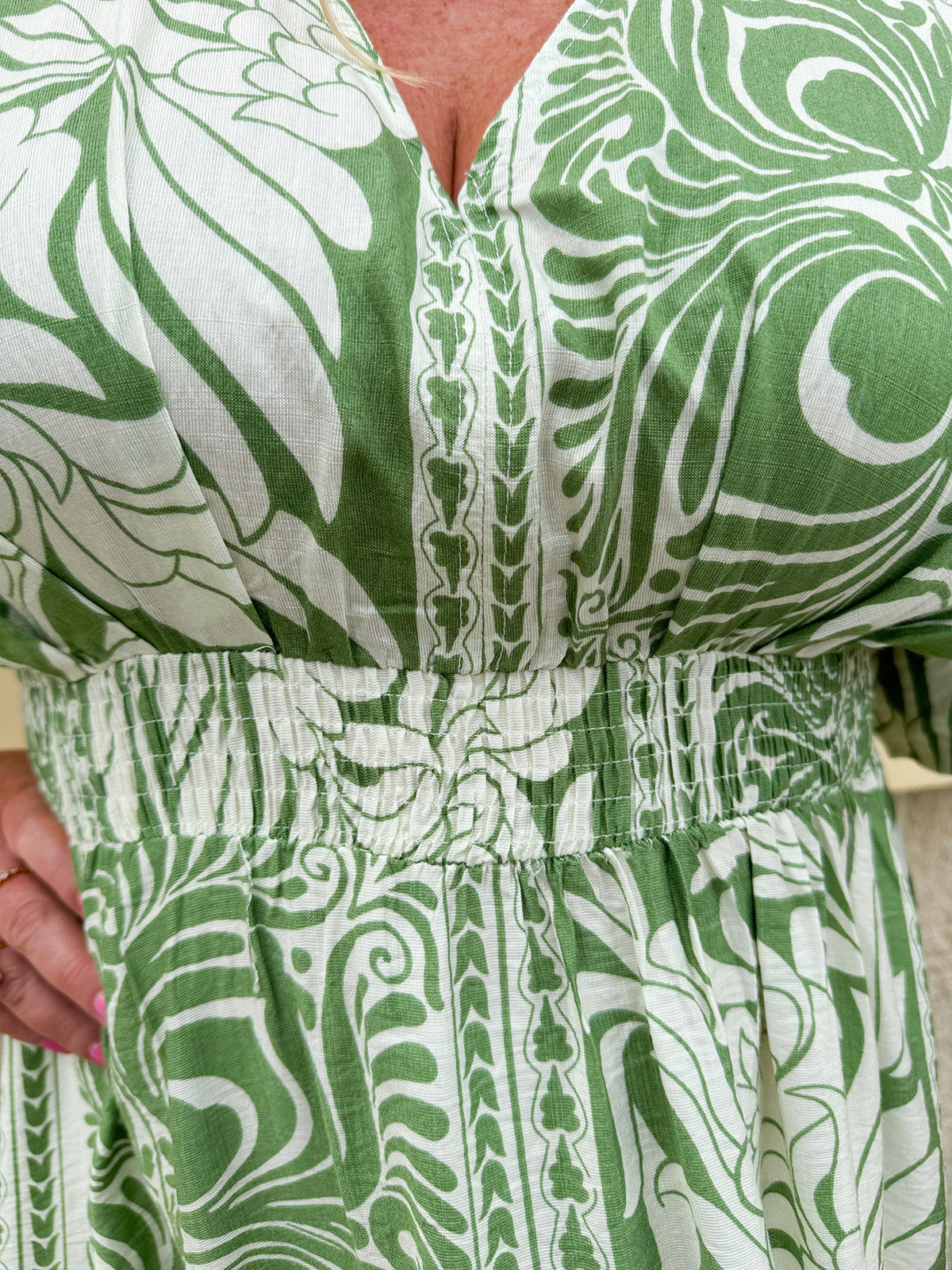 Sunkissed Moment Green and White Pleated Vneck Midi Dress Elastic Waist 