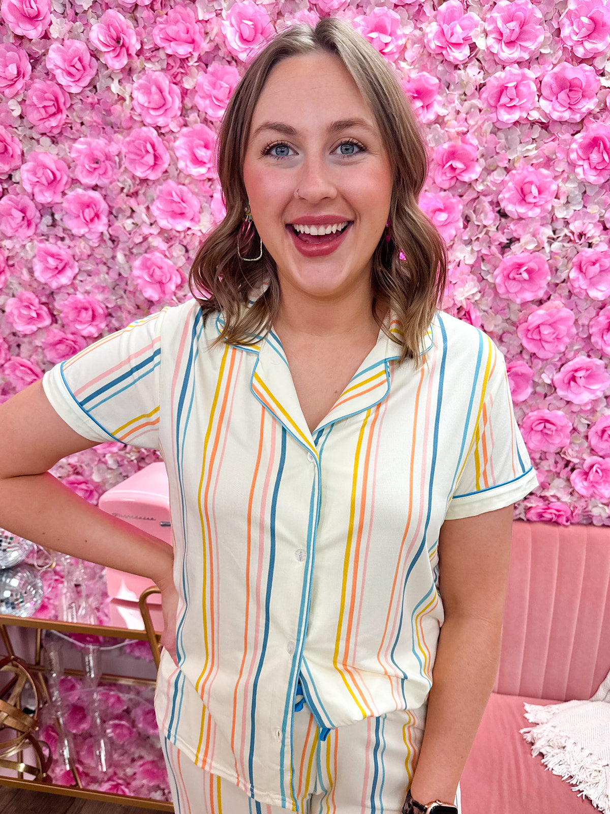 Women’s ultra-soft button-down lounge top with piping detail.