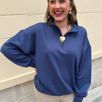 Indigo blue half-zip pullover sweatshirt with collar