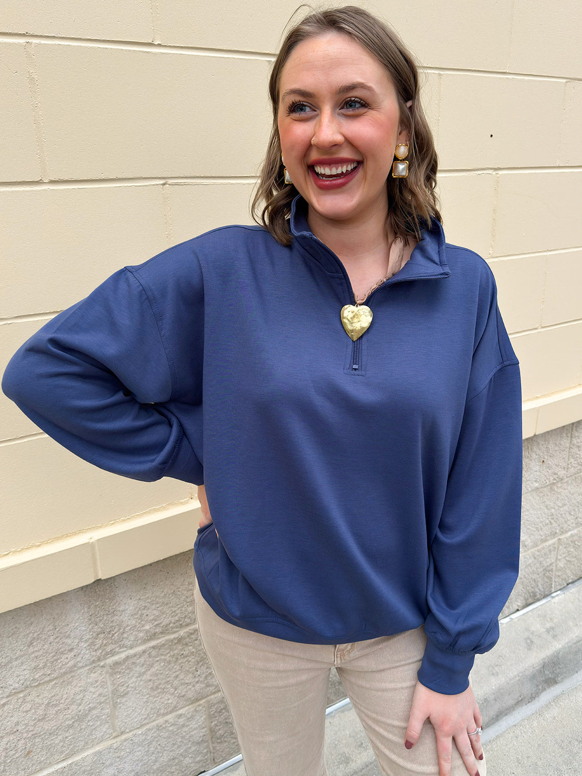 Indigo blue half-zip pullover sweatshirt with collar