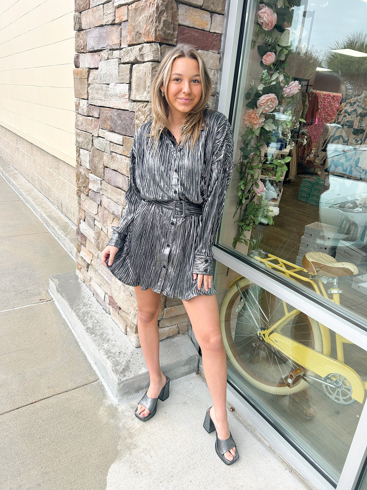 Champagne Nights Pleated Dress | Front View 
