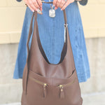 Chocolate slouchy hobo bag with double front zippers and gold hardware