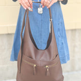 Chocolate slouchy hobo bag with double front zippers and gold hardware