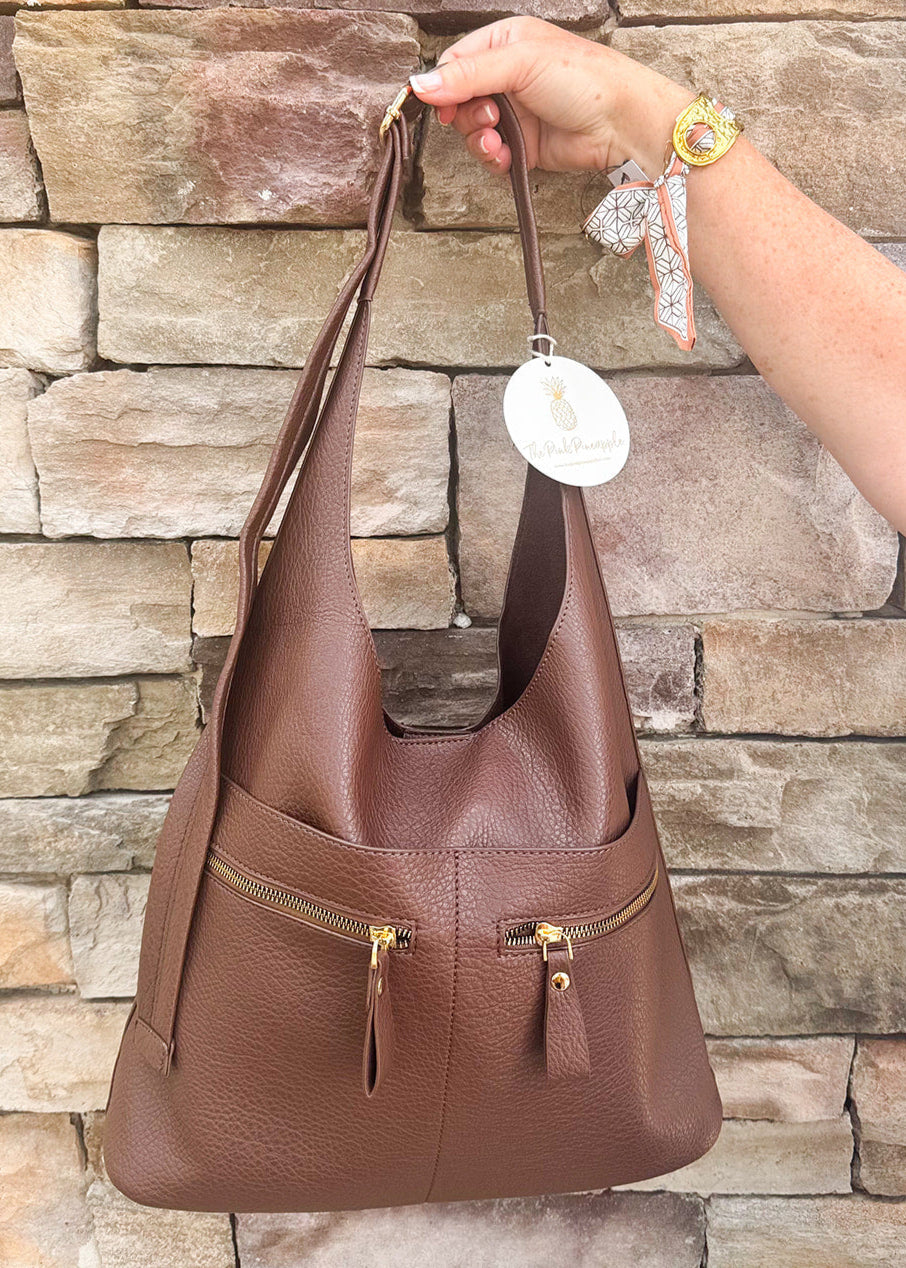 Chocolate slouchy hobo bag with double front zippers and gold hardware