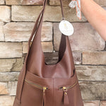 Chocolate slouchy hobo bag with double front zippers and gold hardware