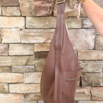 Chocolate slouchy hobo bag with double front zippers and gold hardware