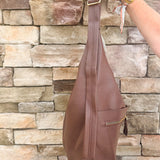 Chocolate slouchy hobo bag with double front zippers and gold hardware