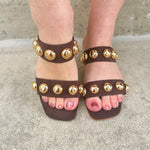 Venus Coffee Block Heel, vegan faux suede two-strap sandal with oversized dome studs and low block heel.