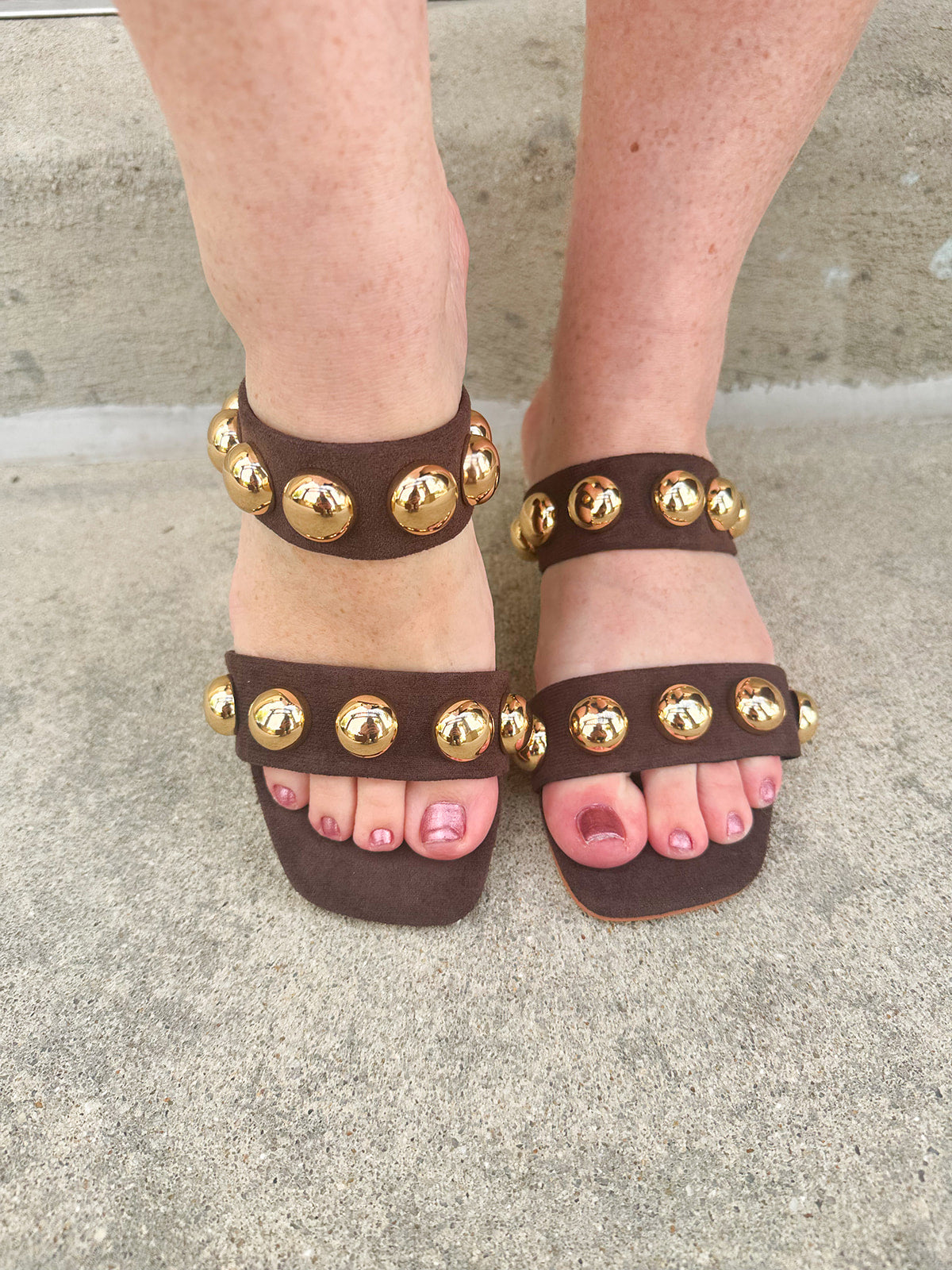 Venus Coffee Block Heel, vegan faux suede two-strap sandal with oversized dome studs and low block heel.