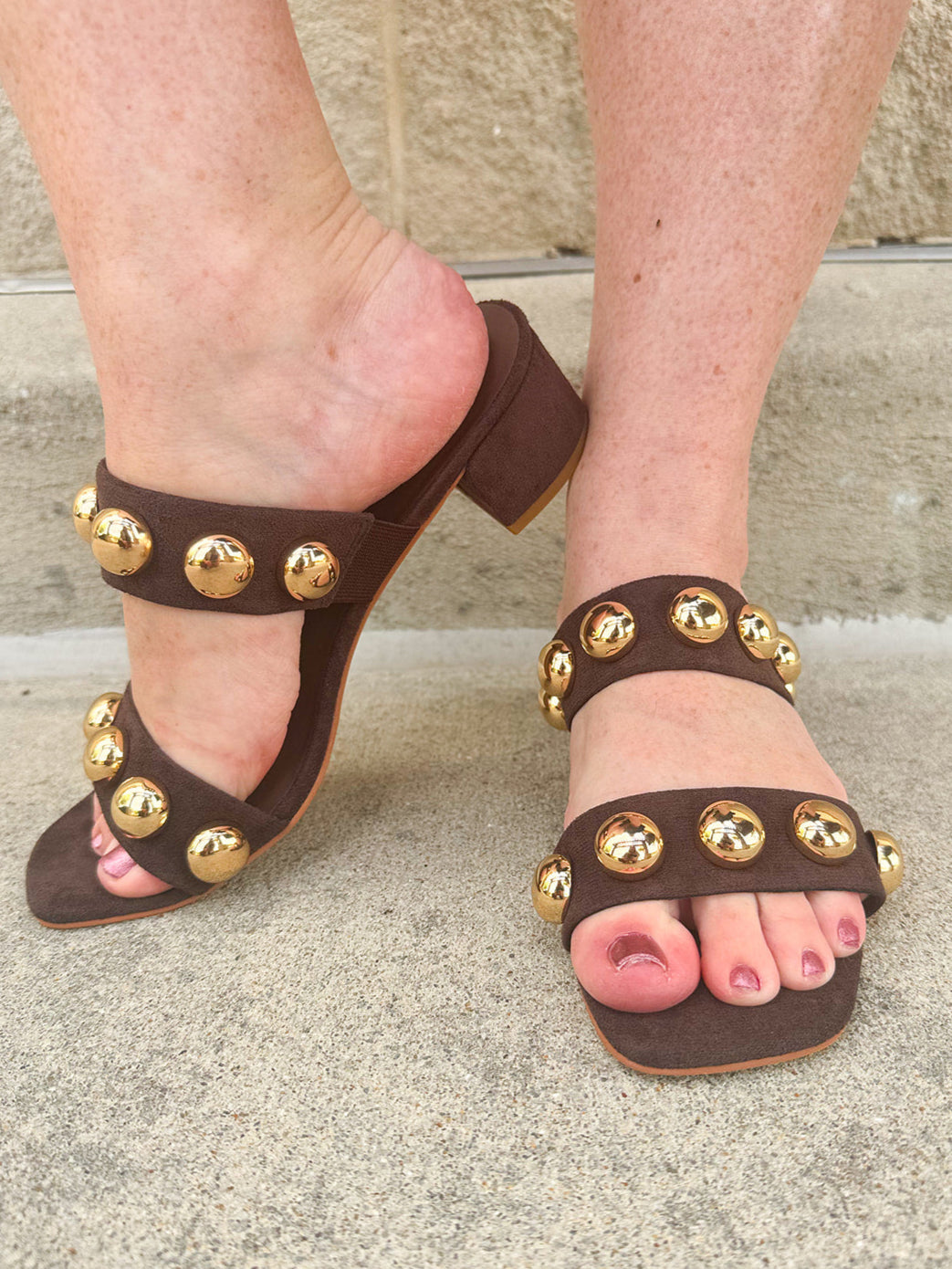 Venus Coffee Block Heel, vegan faux suede two-strap sandal with oversized dome studs and low block heel.