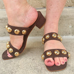 Venus Coffee Block Heel, vegan faux suede two-strap sandal with oversized dome studs and low block heel.