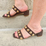 Venus Coffee Block Heel, vegan faux suede two-strap sandal with oversized dome studs and low block heel.