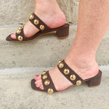 Venus Coffee Block Heel, vegan faux suede two-strap sandal with oversized dome studs and low block heel.