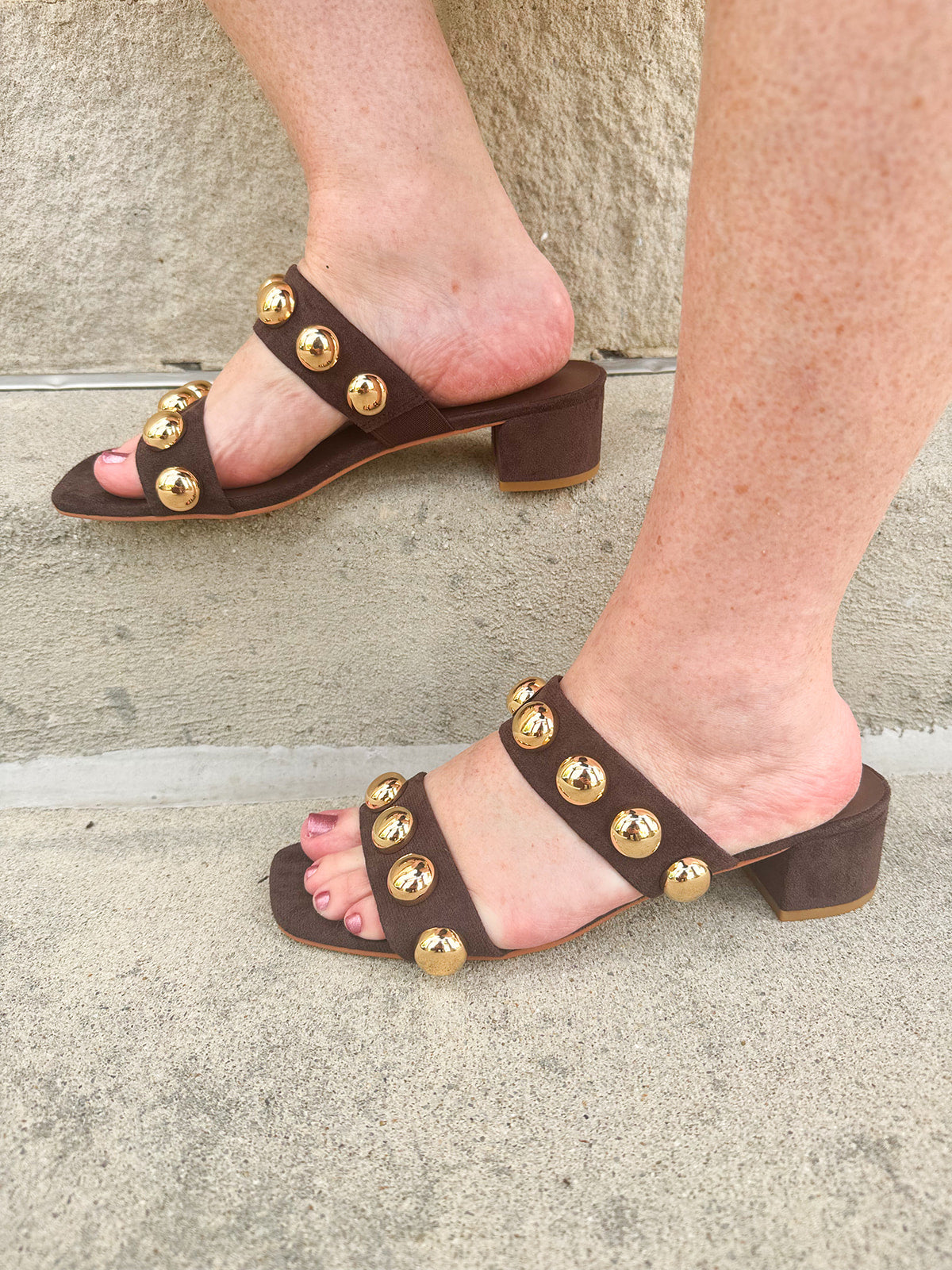 Venus Coffee Block Heel, vegan faux suede two-strap sandal with oversized dome studs and low block heel.