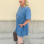 Denim style mini dress, perfect for your next outing.