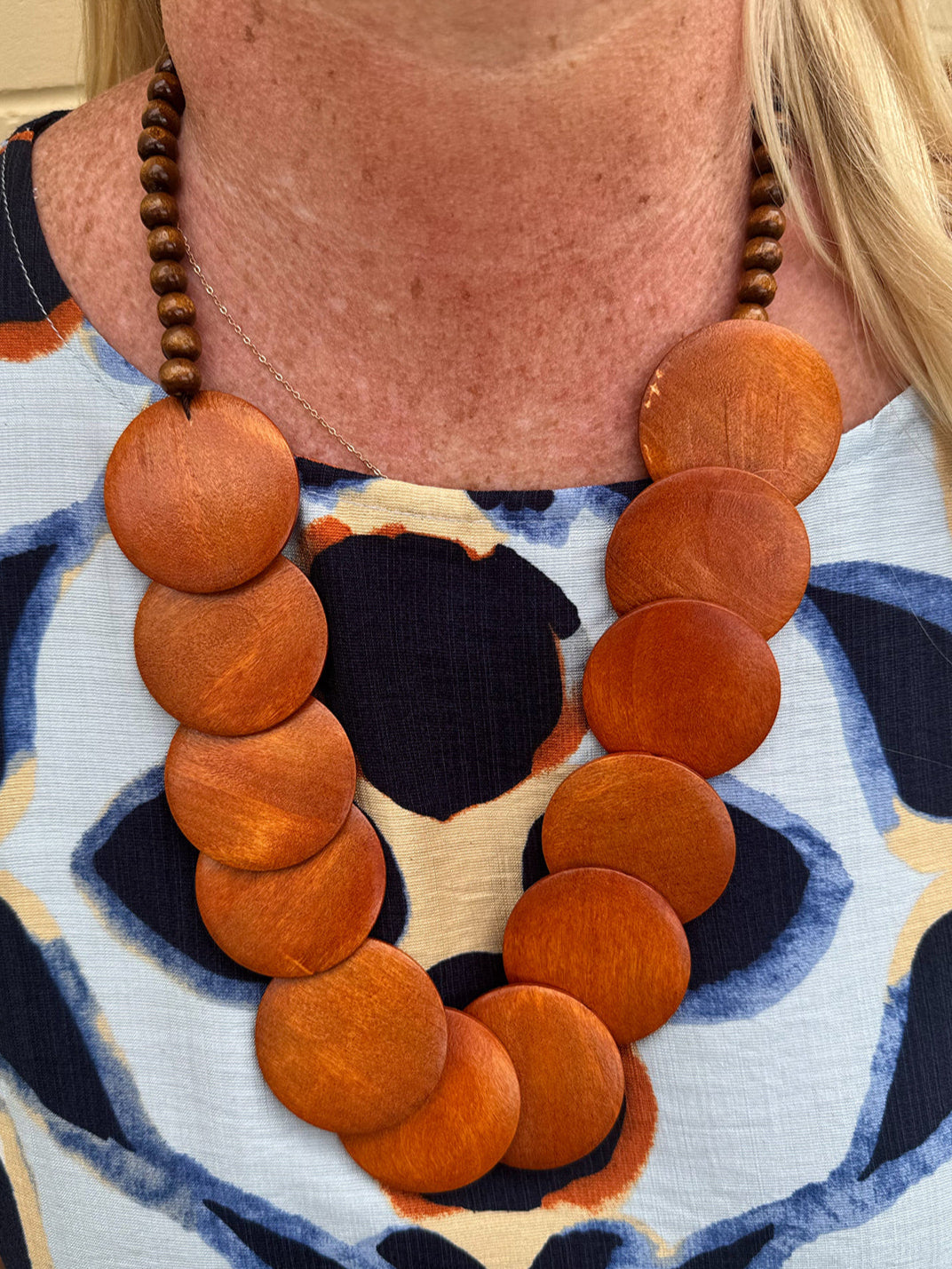 Wooden necklace featuring chunky natural wood disks—25" necklace with matching statement earrings