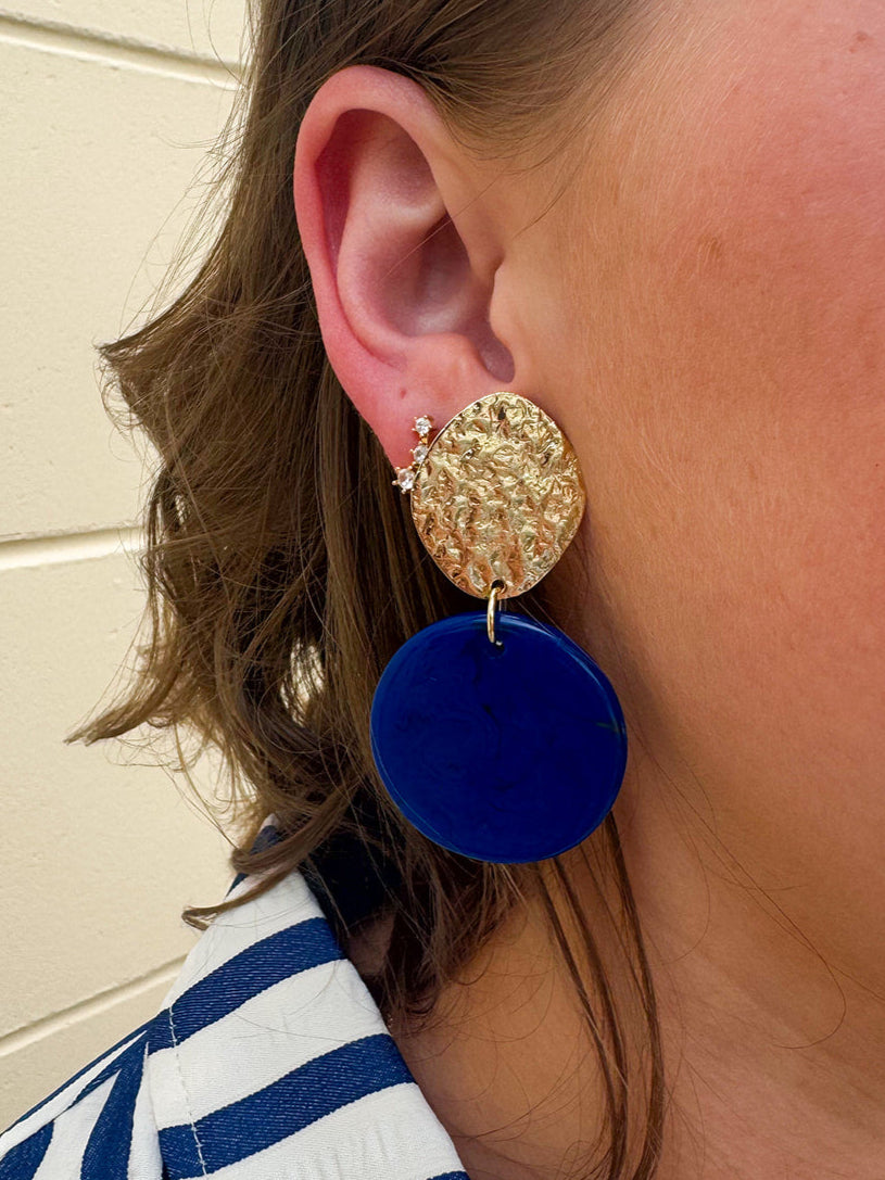 Evening Chic Gold & Cobalt Earrings with gold-toned hammered top stud and glossy cobalt resin circle drop.
