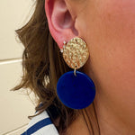 Evening Chic Gold & Cobalt Earrings with gold-toned hammered top stud and glossy cobalt resin circle drop.