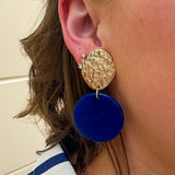 Evening Chic Gold & Cobalt Earrings with gold-toned hammered top stud and glossy cobalt resin circle drop.