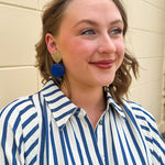 Evening Chic Gold & Cobalt Earrings with gold-toned hammered top stud and glossy cobalt resin circle drop.