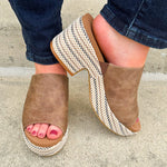 Bronze vegan leather wedge with peep toe, slide-in block heel, and multicolored cork sole