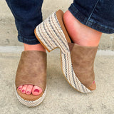 Bronze vegan leather wedge with peep toe, slide-in block heel, and multicolored cork sole