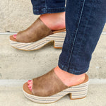 Bronze vegan leather wedge with peep toe, slide-in block heel, and multicolored cork sole