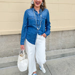 Light chambray button-down shirt with collar and chest pockets