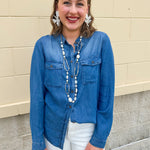 Light chambray button-down shirt with collar and chest pockets
